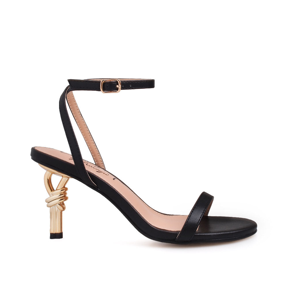 Golden Knot metallic heels with black upper and ankle strap closure - side view