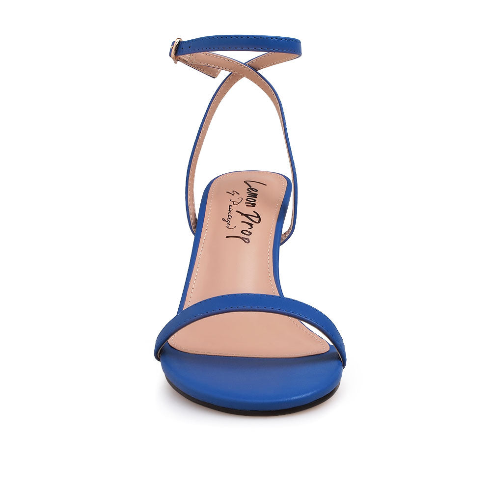 Golden Knot metallic heels with blue upper and ankle strap closure - front view