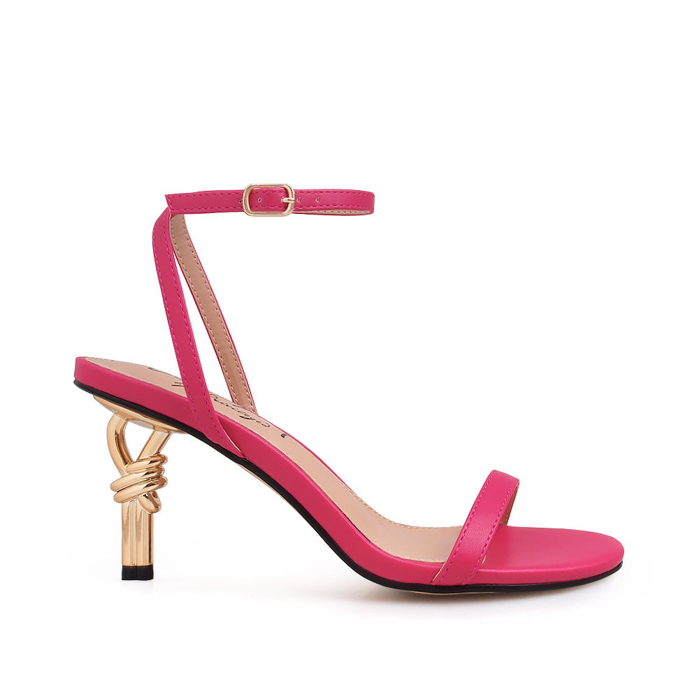 Golden Knot metallic heels with fuchsia upper and ankle strap closure - side view