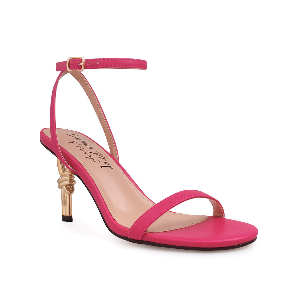 Golden Knot metallic heels with fuchsia upper and ankle strap closure - corner view