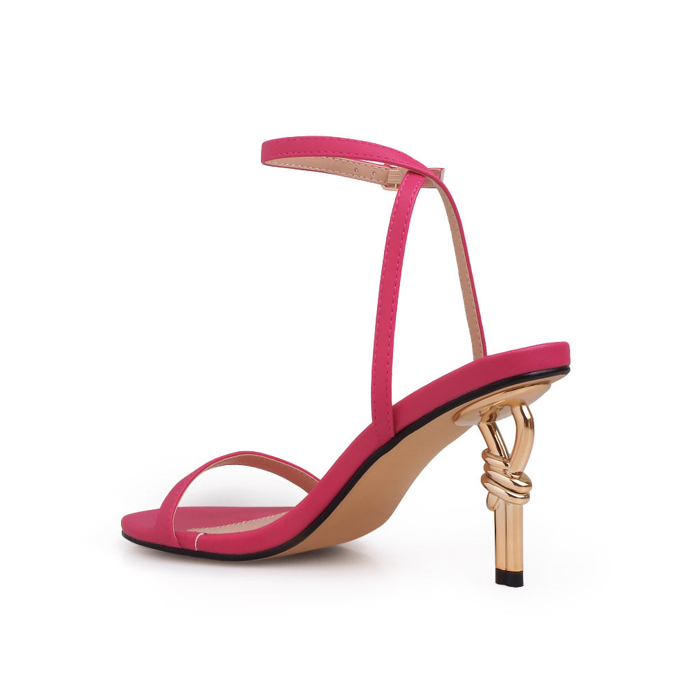 Golden Knot metallic heels with fuchsia upper and ankle strap closure - back view