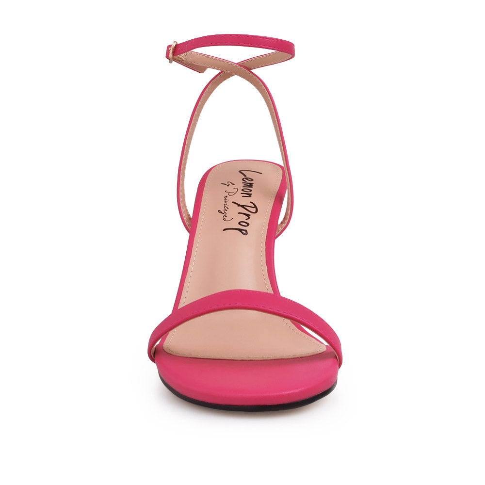 Golden Knot metallic heels with fuchsia upper and ankle strap closure - front view