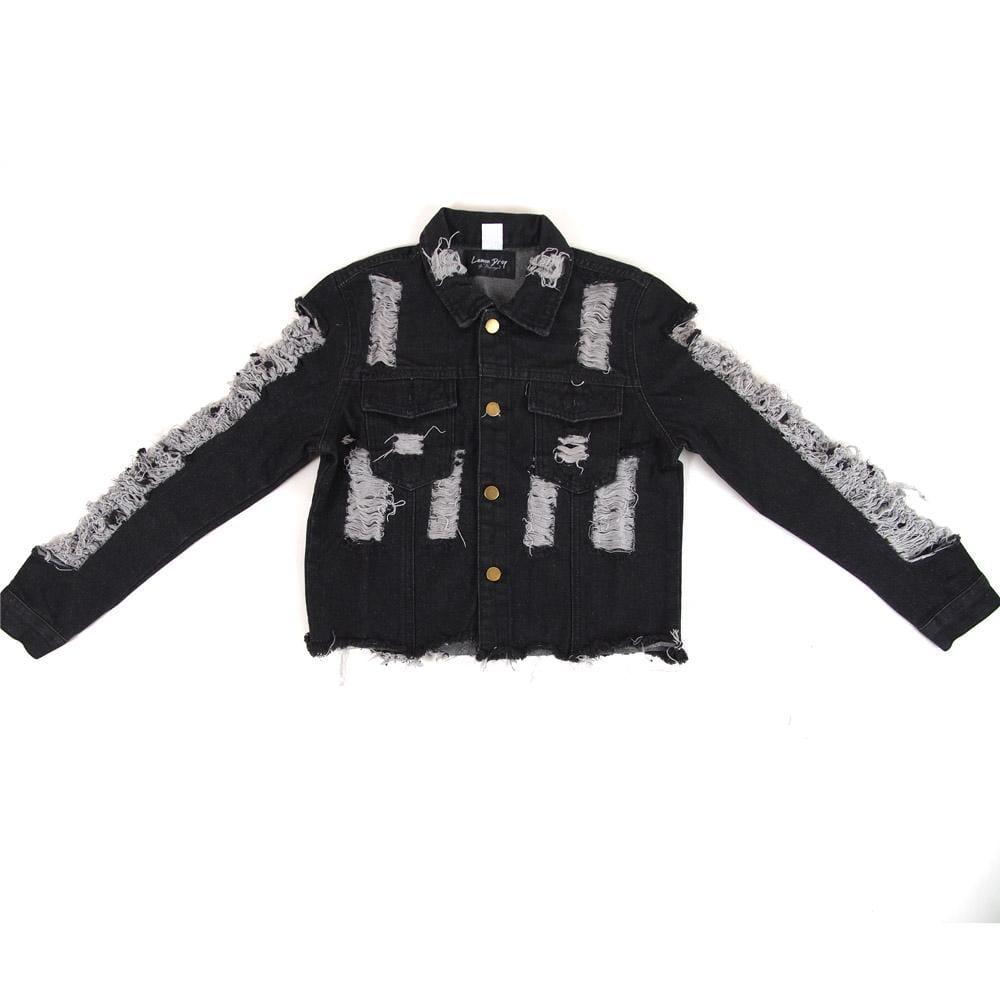 Black shredded and distress sleeve denim women's jacket