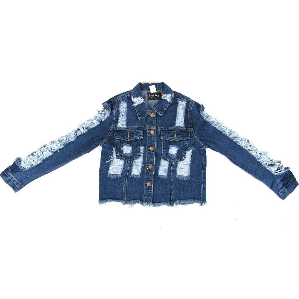 Dark blue shredded and distress sleeve denim women's jacket