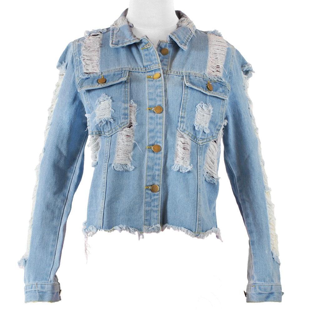 Blue shredded and distress sleeve denim women's jacket