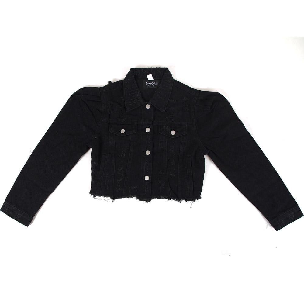Black puff sleeve women's denim jacket