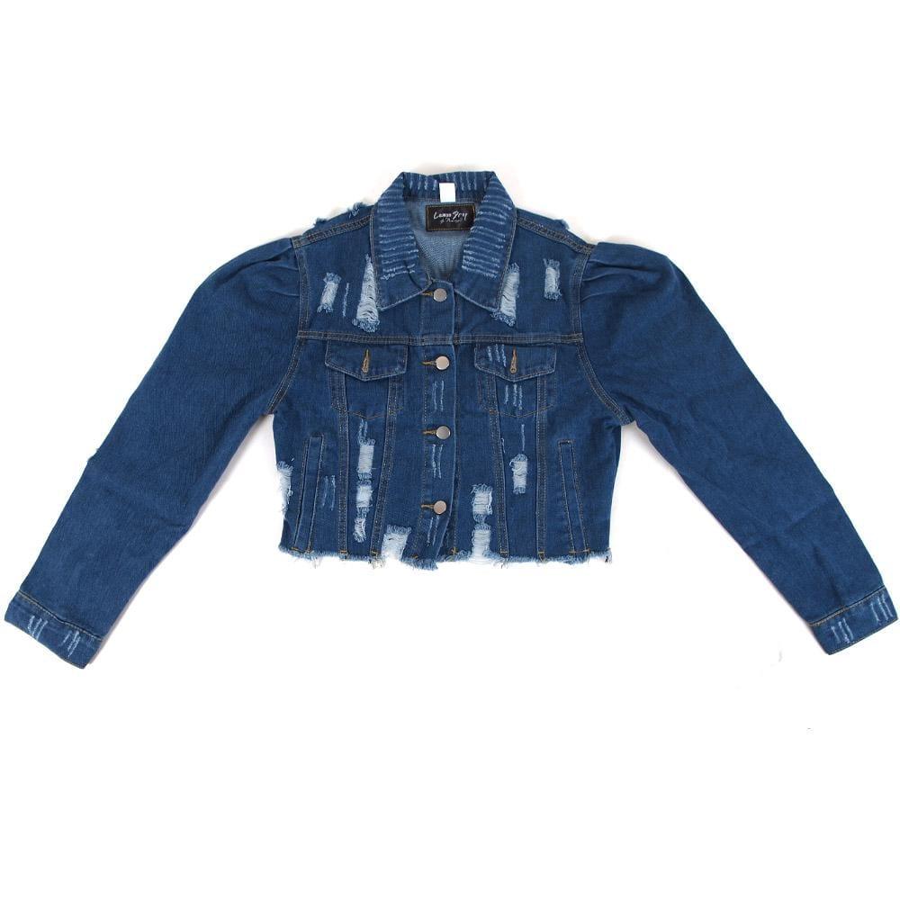 Dark blue puff sleeve women's denim jacket