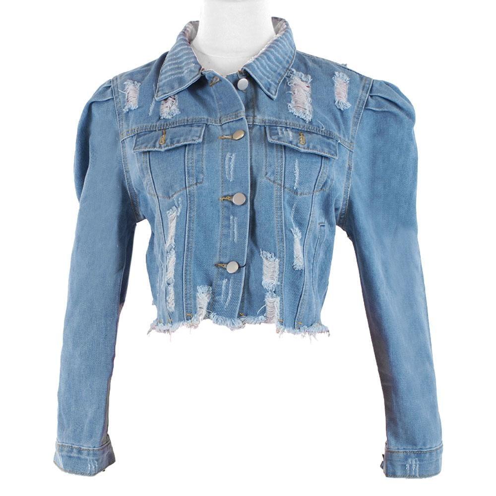 Blue puff sleeve women's denim jacket
