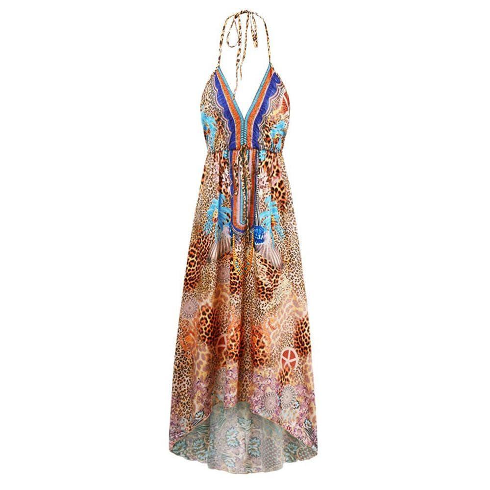 Spaghetti strap sleeveless v neck floral women's dress in blue leopard colour