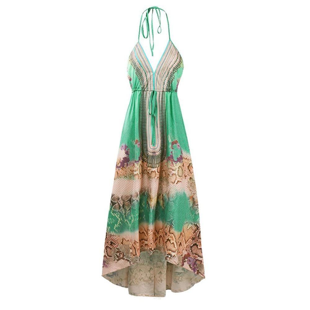 Spaghetti strap sleeveless v neck floral women's dress in green snake colour