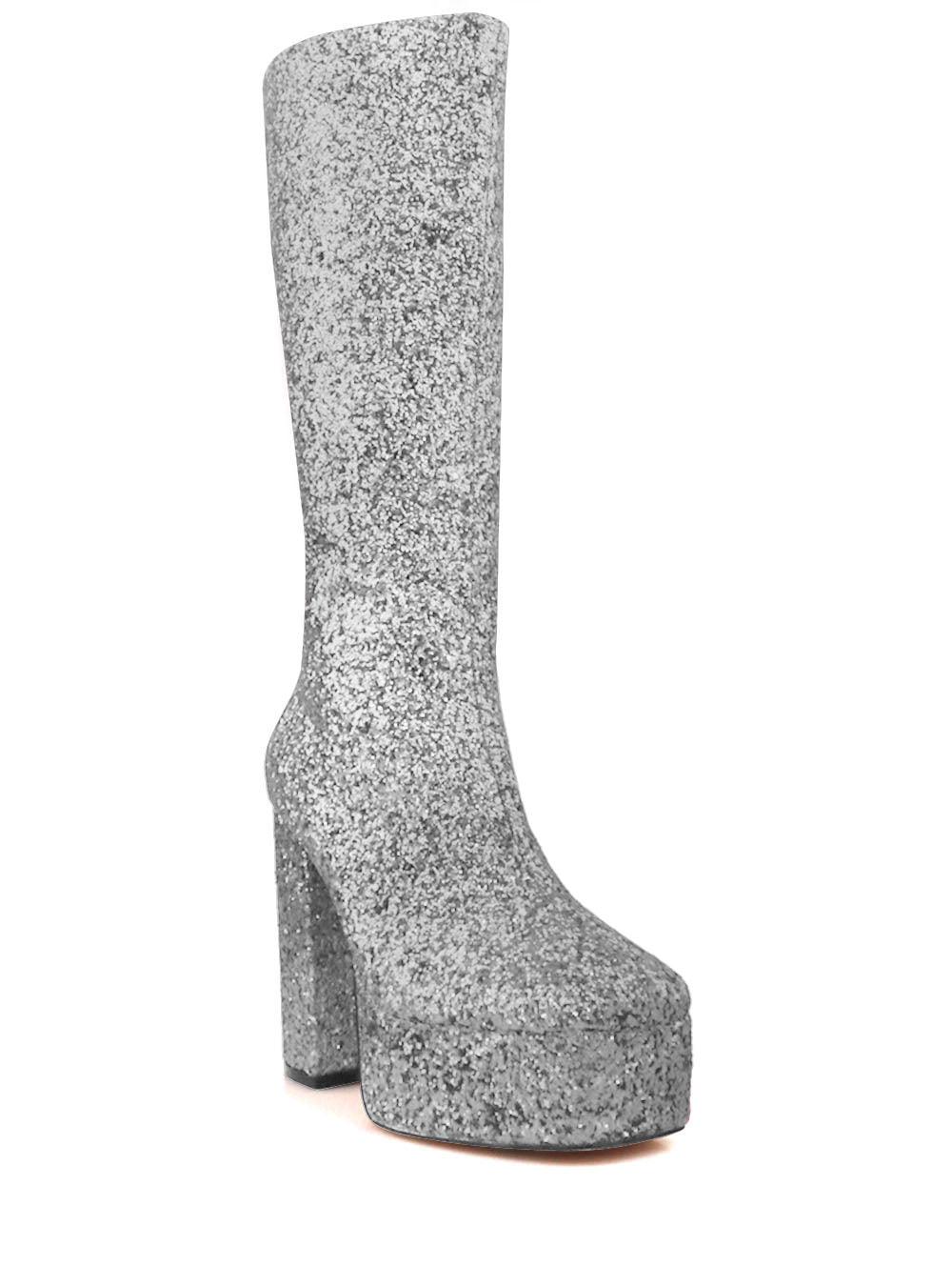 Women's gleaming silver-colored knee high platform boots with glitter accent and side zipper-corner view