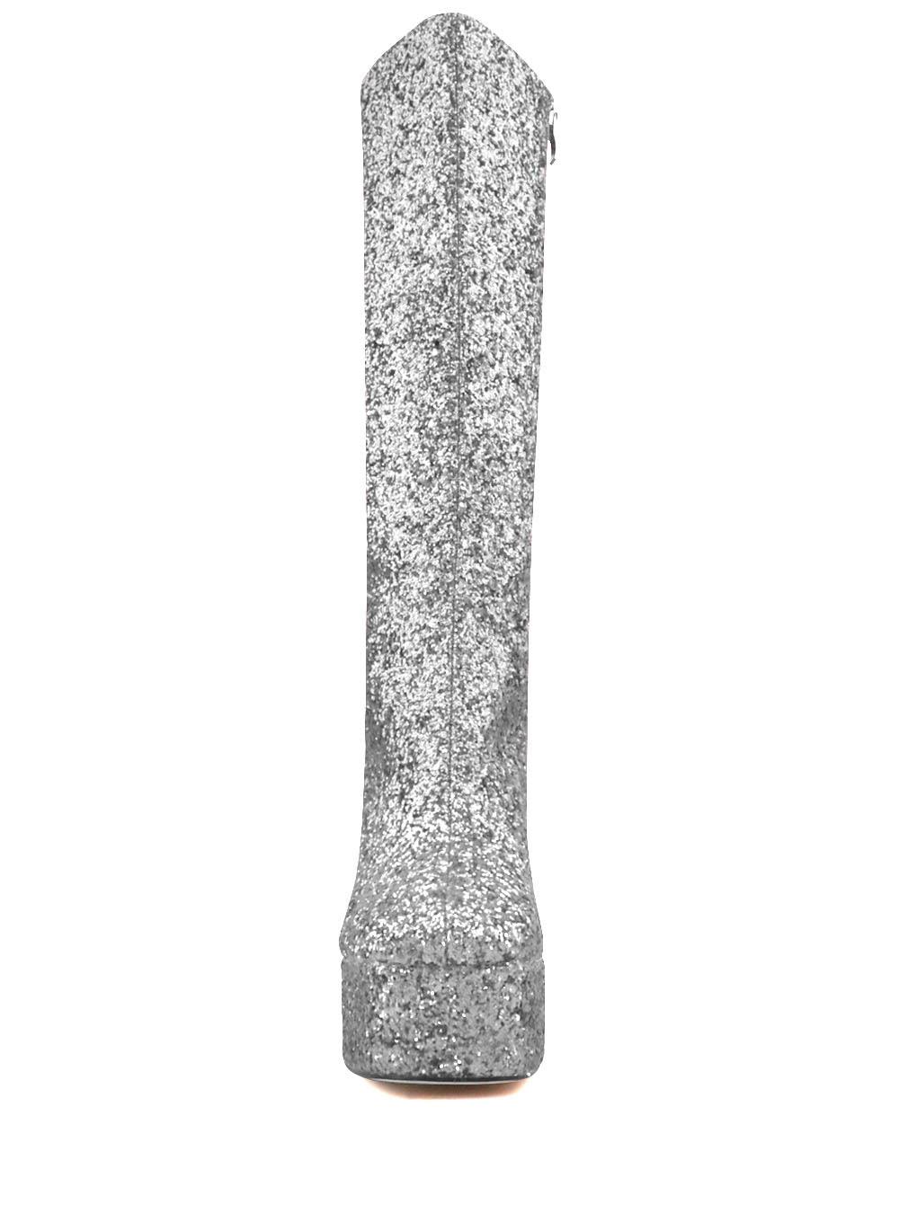 Women's gleaming silver-colored knee high platform boots with glitter accent and side zipper-front view