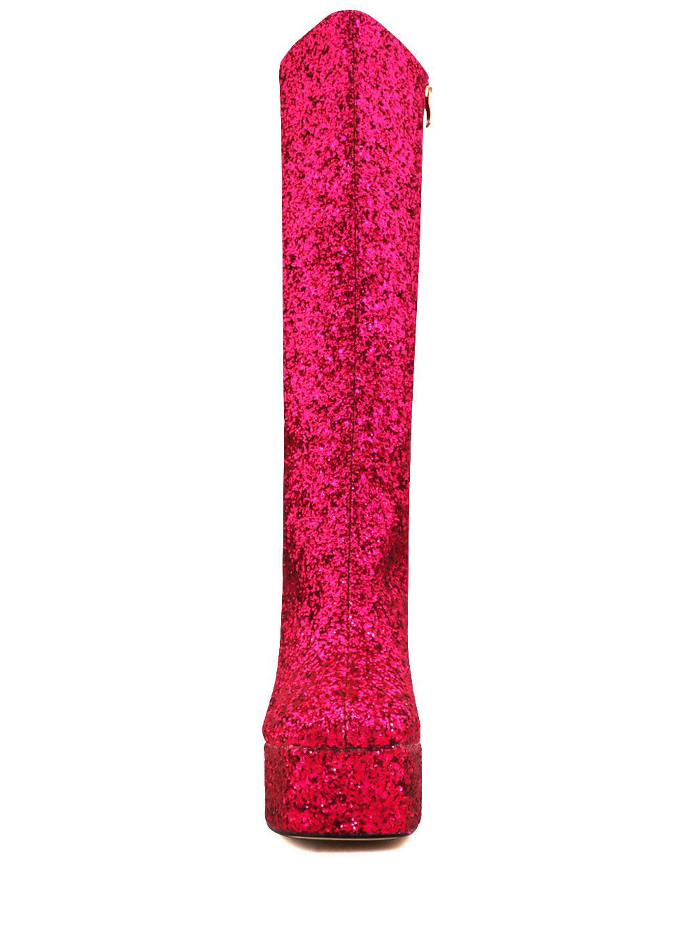 Glistening fuchsia-colored knee high platform boots for women with glitter accent and side zipper-front view