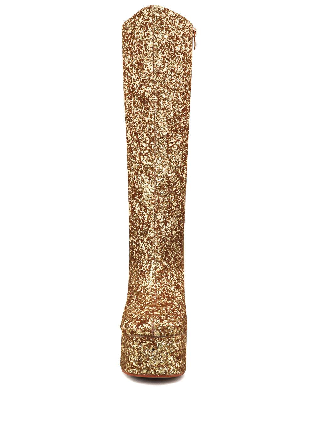 Golden-colored women's knee high platform boots with glitter accent and side zipper-front view