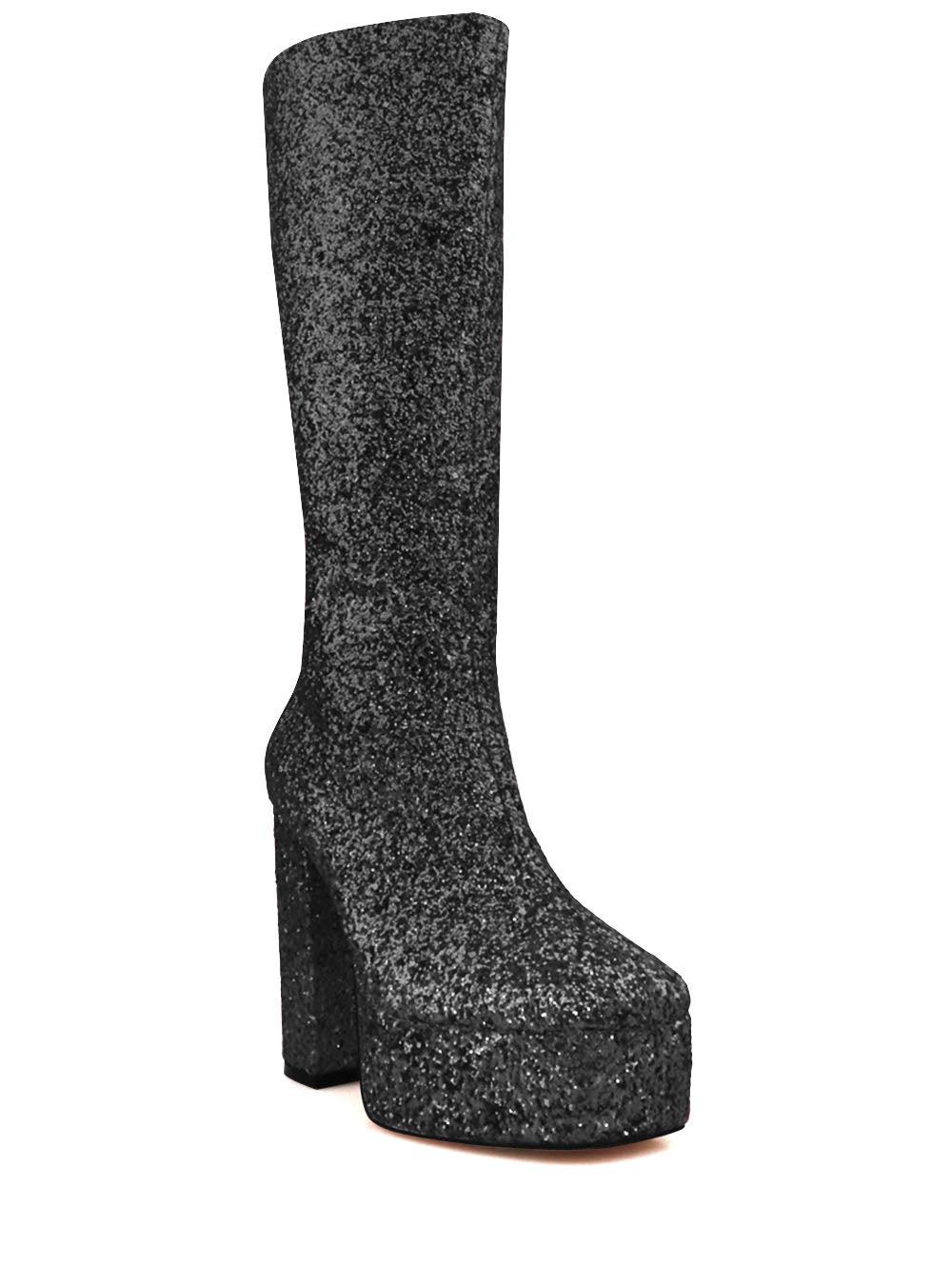 Women's black-colored knee high platform boots with glitter accent and side zipper-corner view
