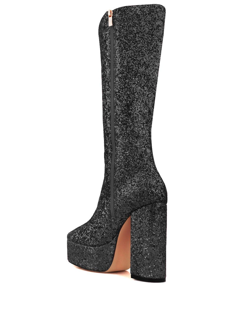 Women's black-colored knee high platform boots with glitter accent and side zipper-posterior view