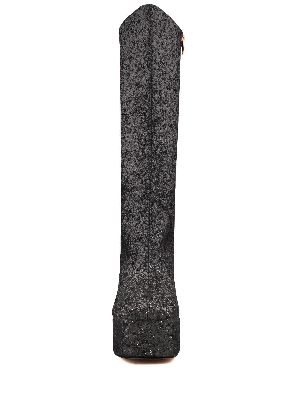 Women's black-colored knee high platform boots with glitter accent and side zipper-front view