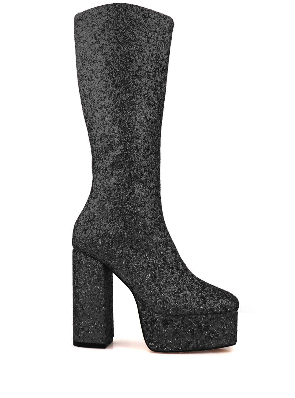 Women's black-colored knee high platform boots with glitter accent and side zipper-side view