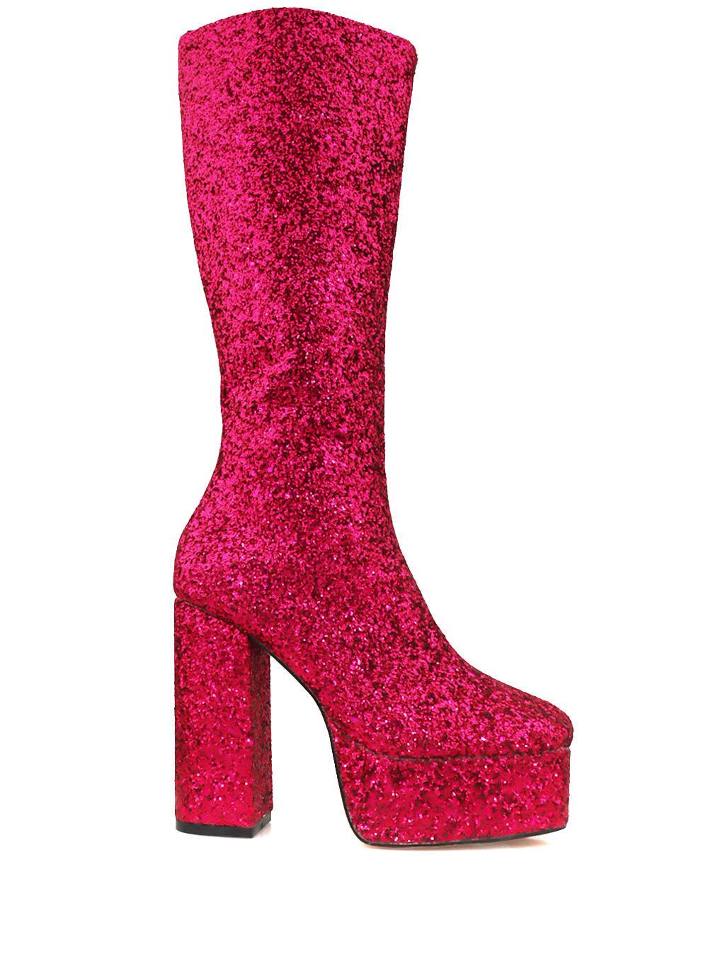 Glistening fuchsia-colored knee high platform boots for women with glitter accent and side zipper-side view