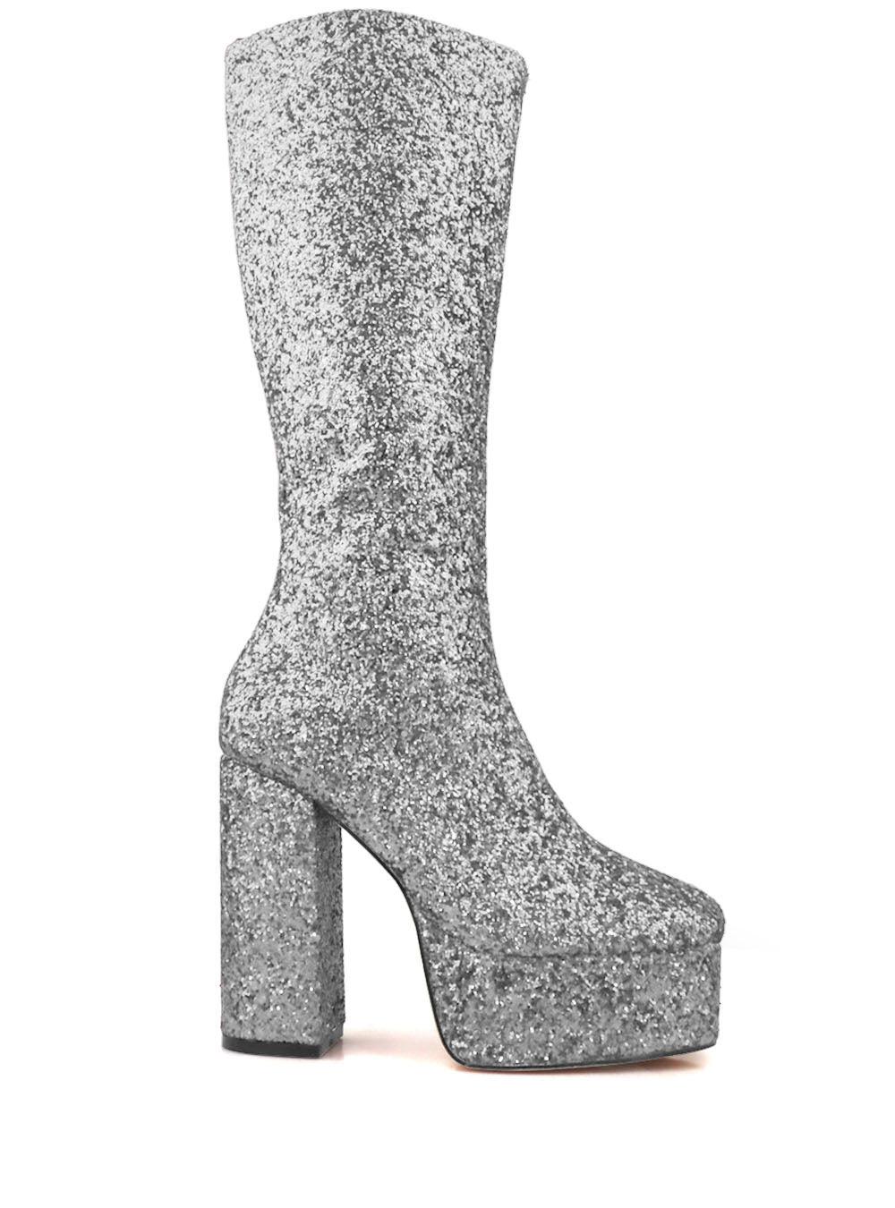 Women's gleaming silver-colored knee high platform boots with glitter accent and side zipper-side view
