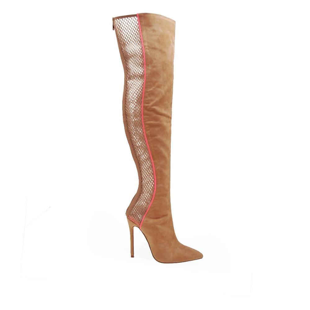 Tan-colored women's pointed-toe heel, fishnet knee-high boots with back zipper closure