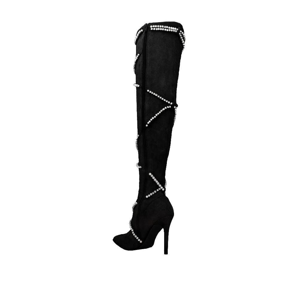 Black women's boots with rhinestone straps-posterior view