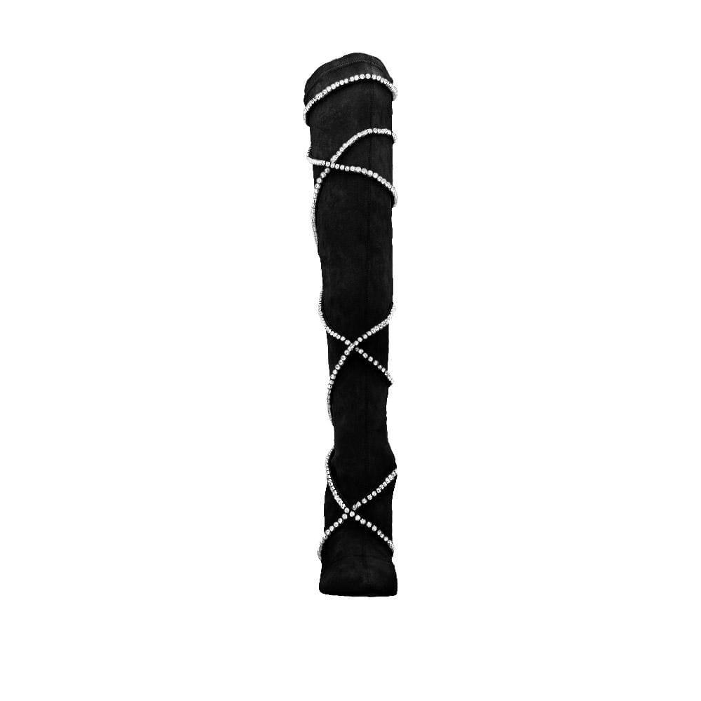 Black women's boots with rhinestone straps-front view