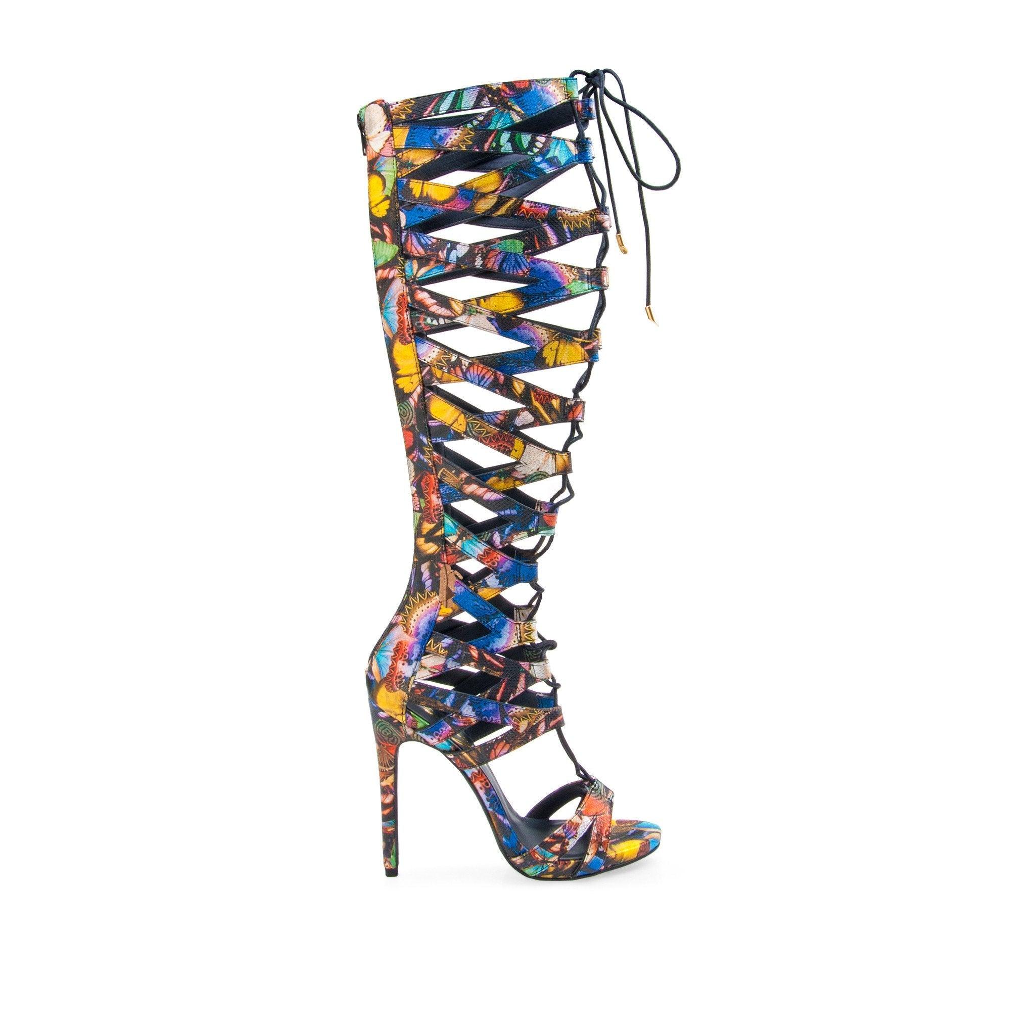 Multi-colored women heels with strappy upper and 4.5 inch heel