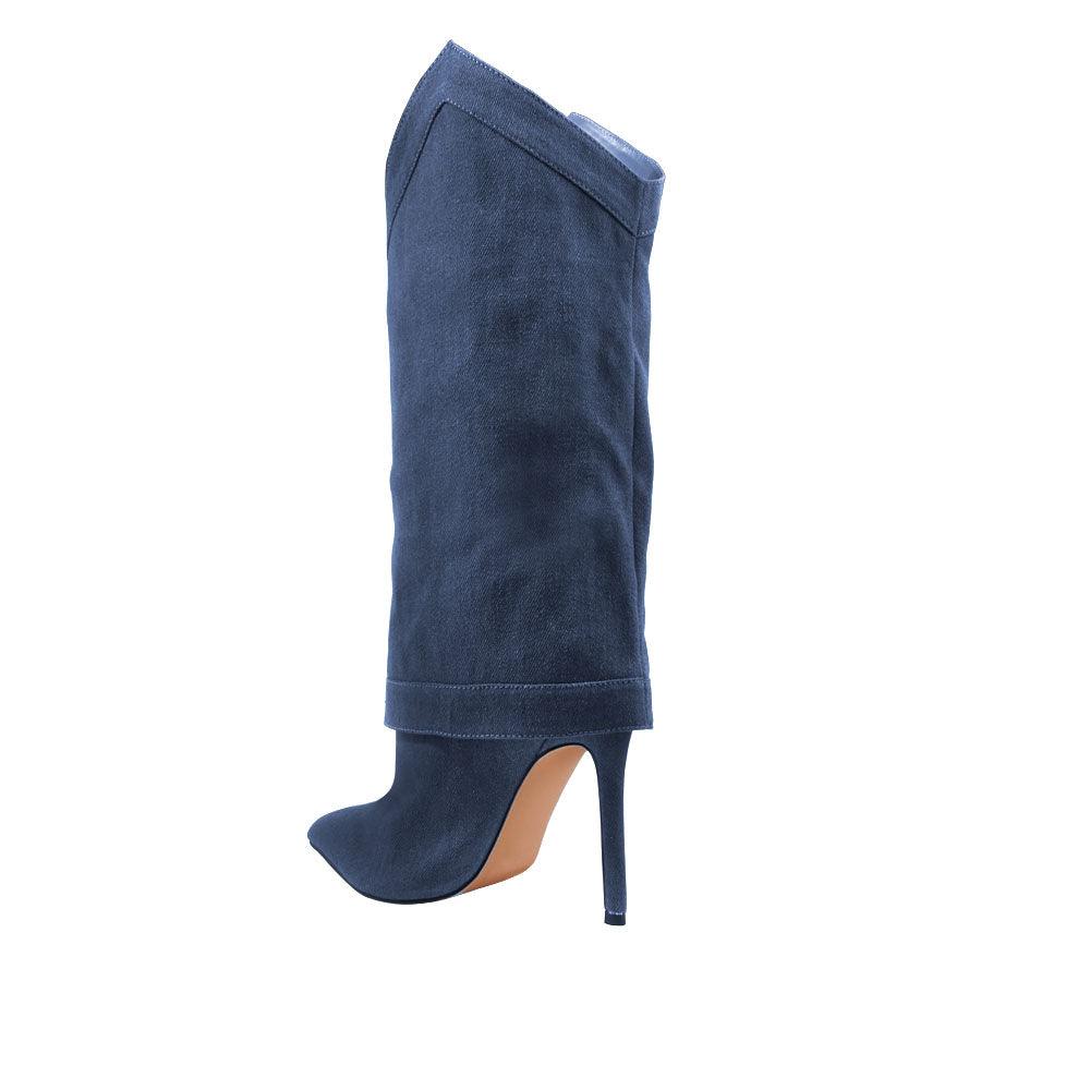 Medium heighted women boots in blue suede material-posterior view