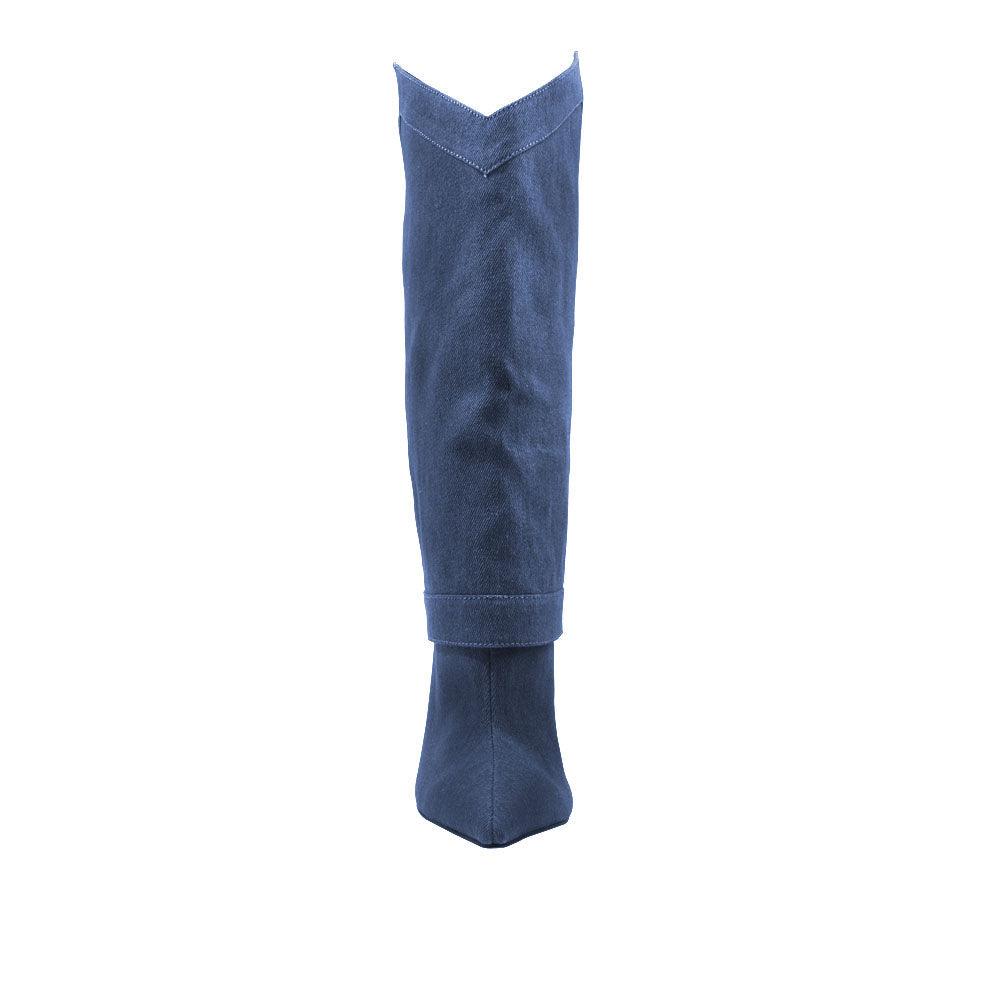 Medium heighted women boots in blue suede material-front view
