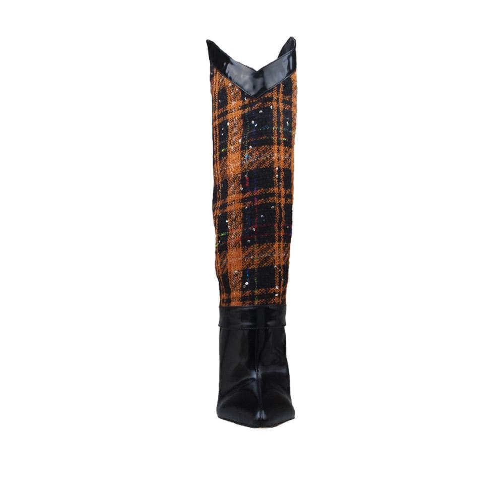 Medium heighted women boots in brown and black color-front view
