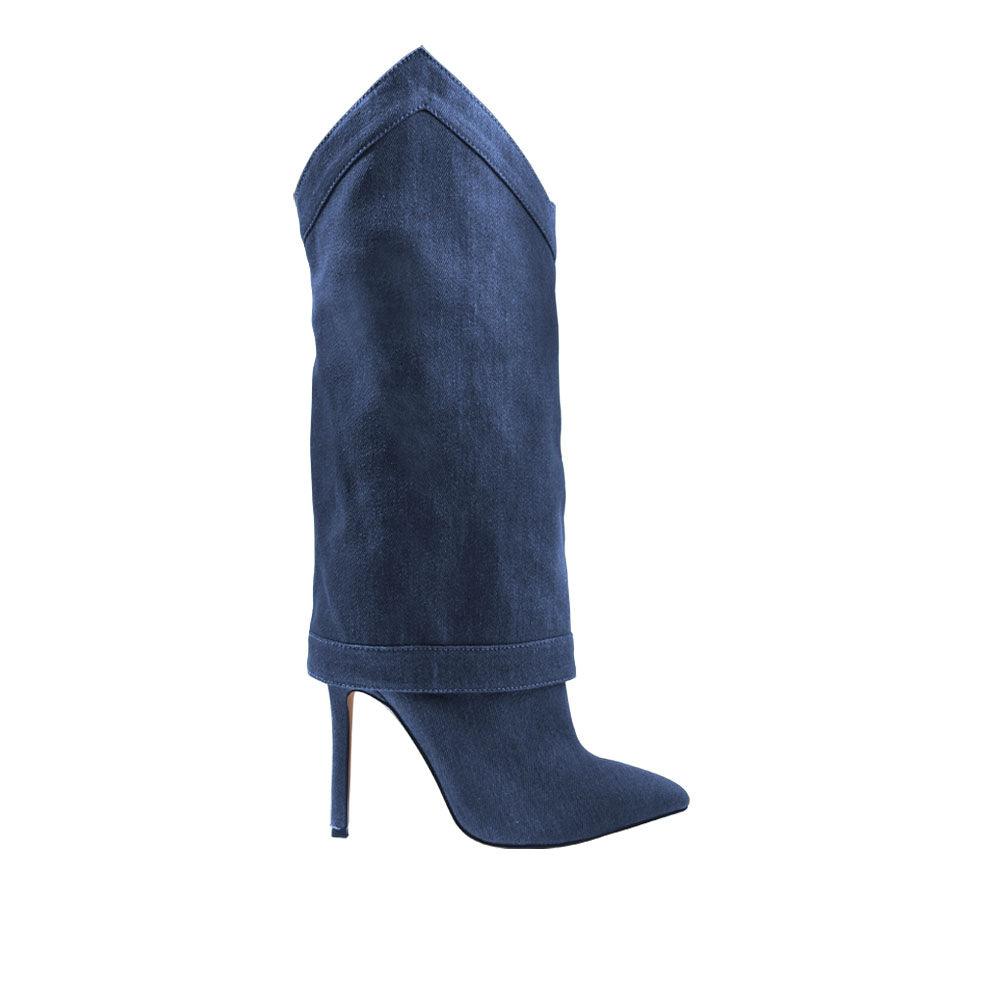 Medium heighted women boots in blue suede material-side view