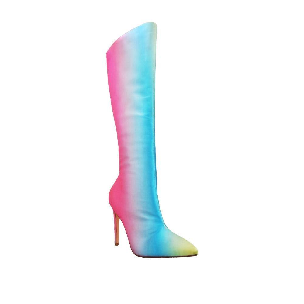 Satin upper long women booties in yellow/pink-corner view