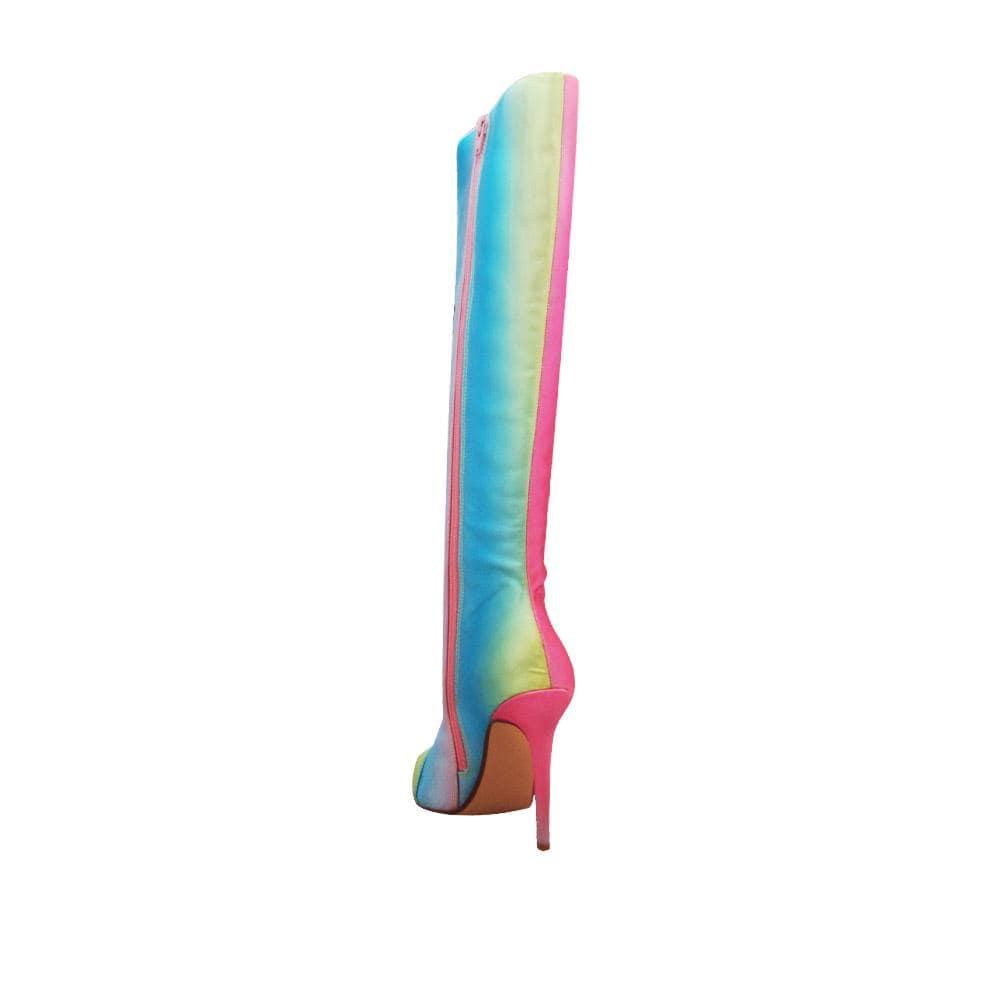 Satin upper long women booties in yellow/pink-posterior view