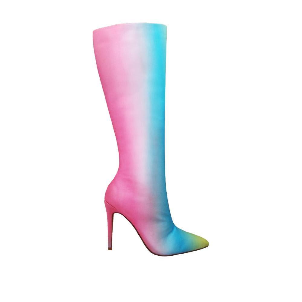 Satin upper long women booties in yellow/pink-side view