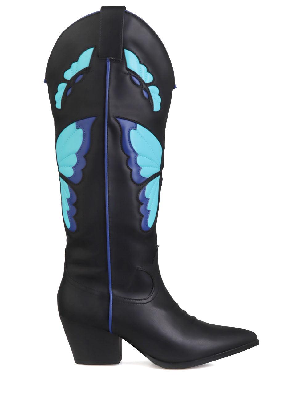 Black-blue colored knee-high boots with a pointed toe and butterfly pattern