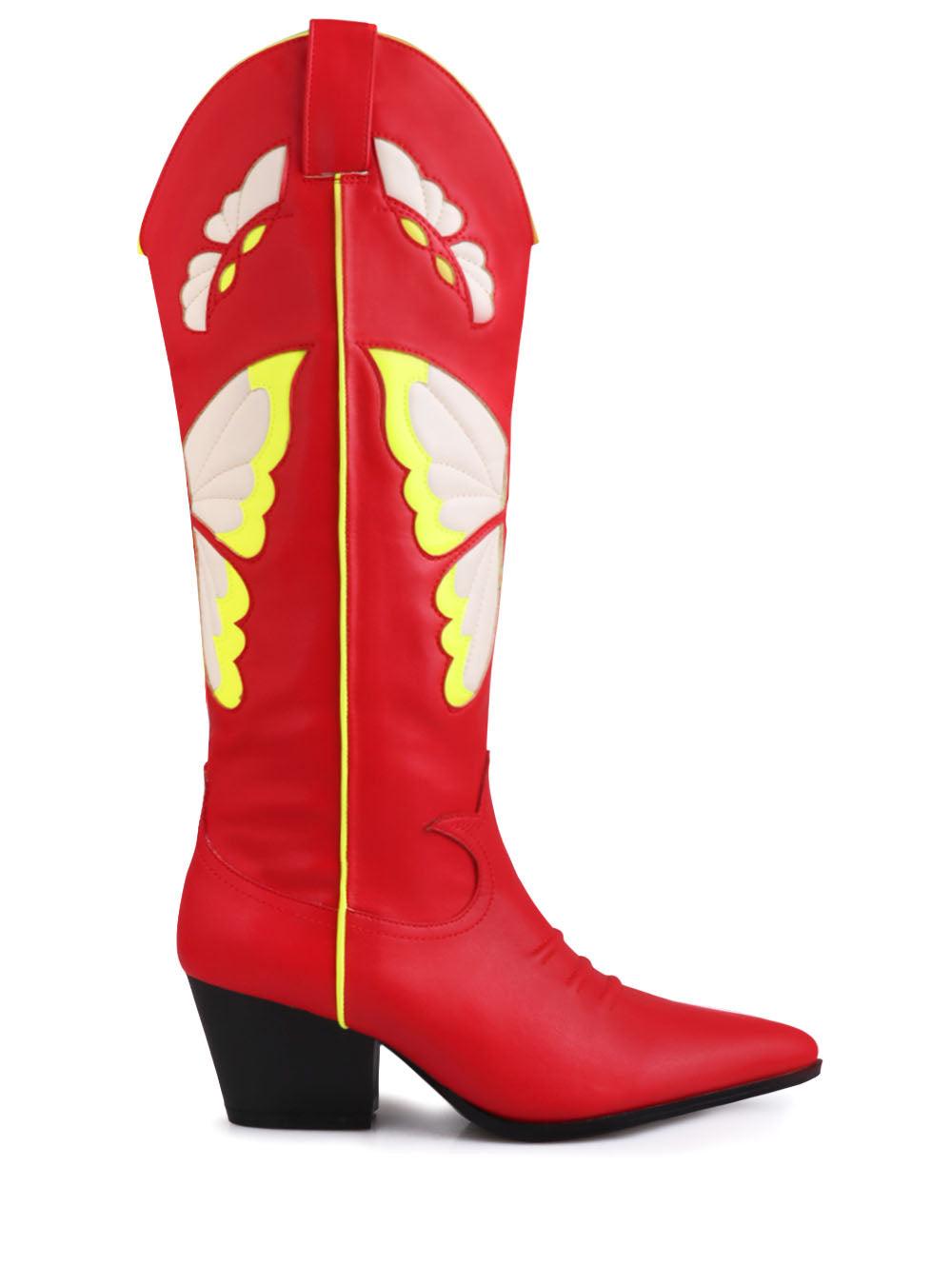 Knee-high boots in red-yellow color with a pointed toe and butterfly pattern