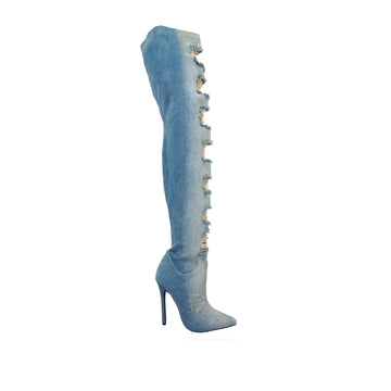 Over the knee boot heels in denim color with ripped accent design