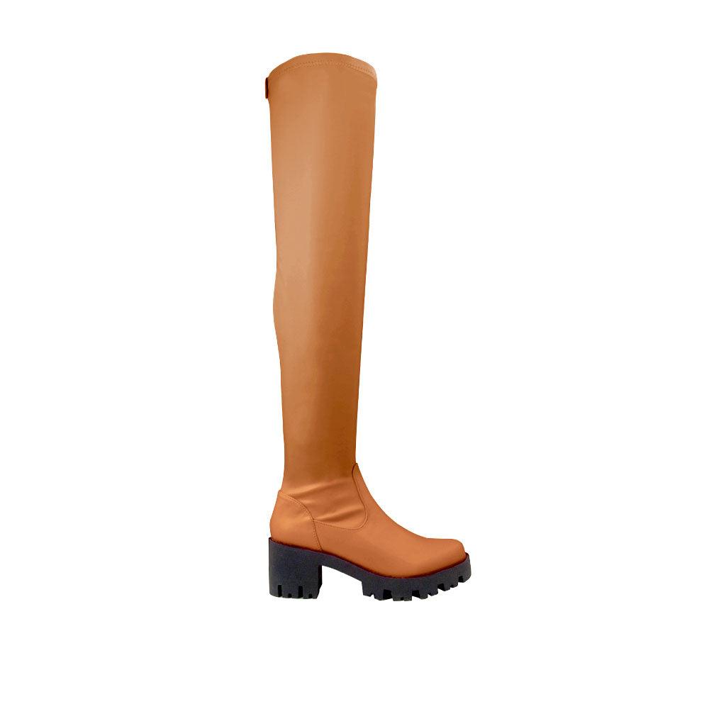 Cognac colored over the knee boots with slip-on design