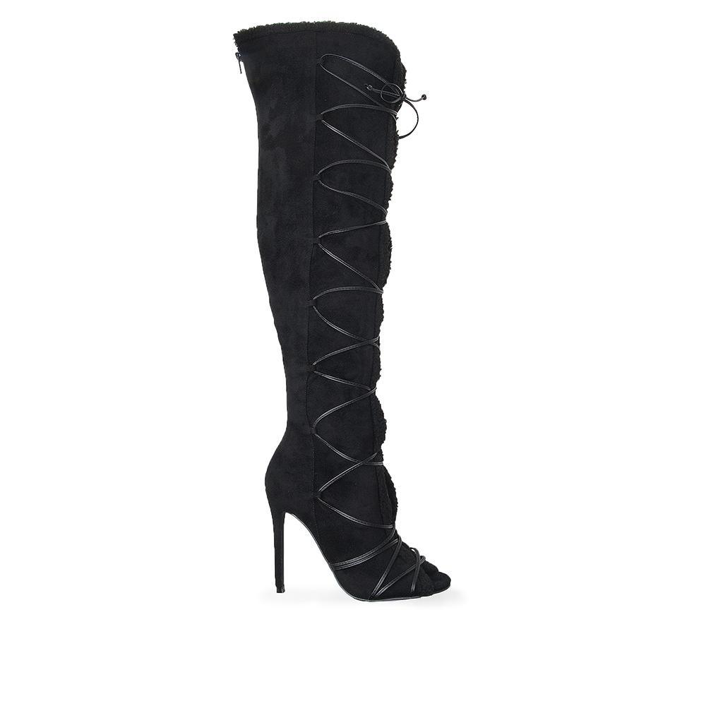 Black knee high boots with lace tie design and back zip closure