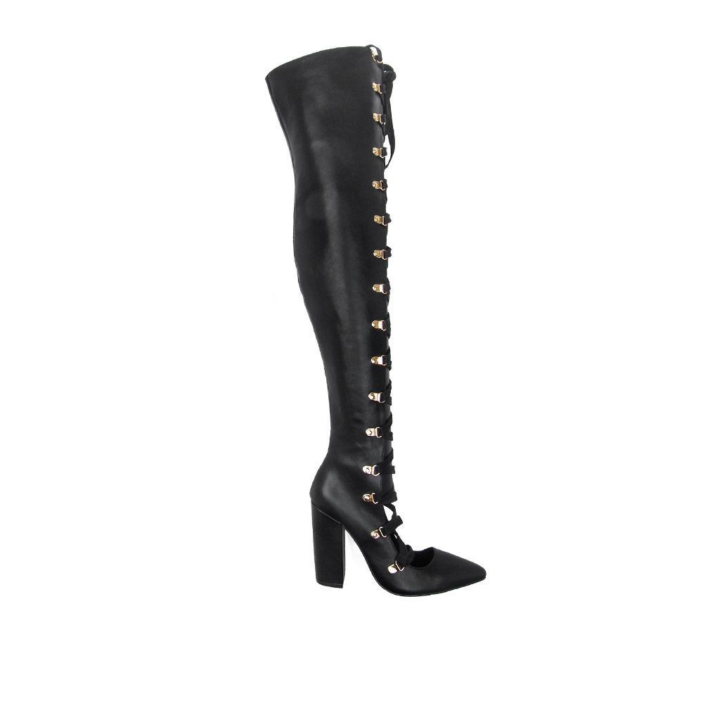 Black thigh high boots with block heels and hook-and-loop lace closure