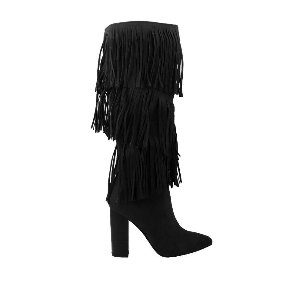 Thigh high boots in black with hanging strings, block heels, and pointed toe.