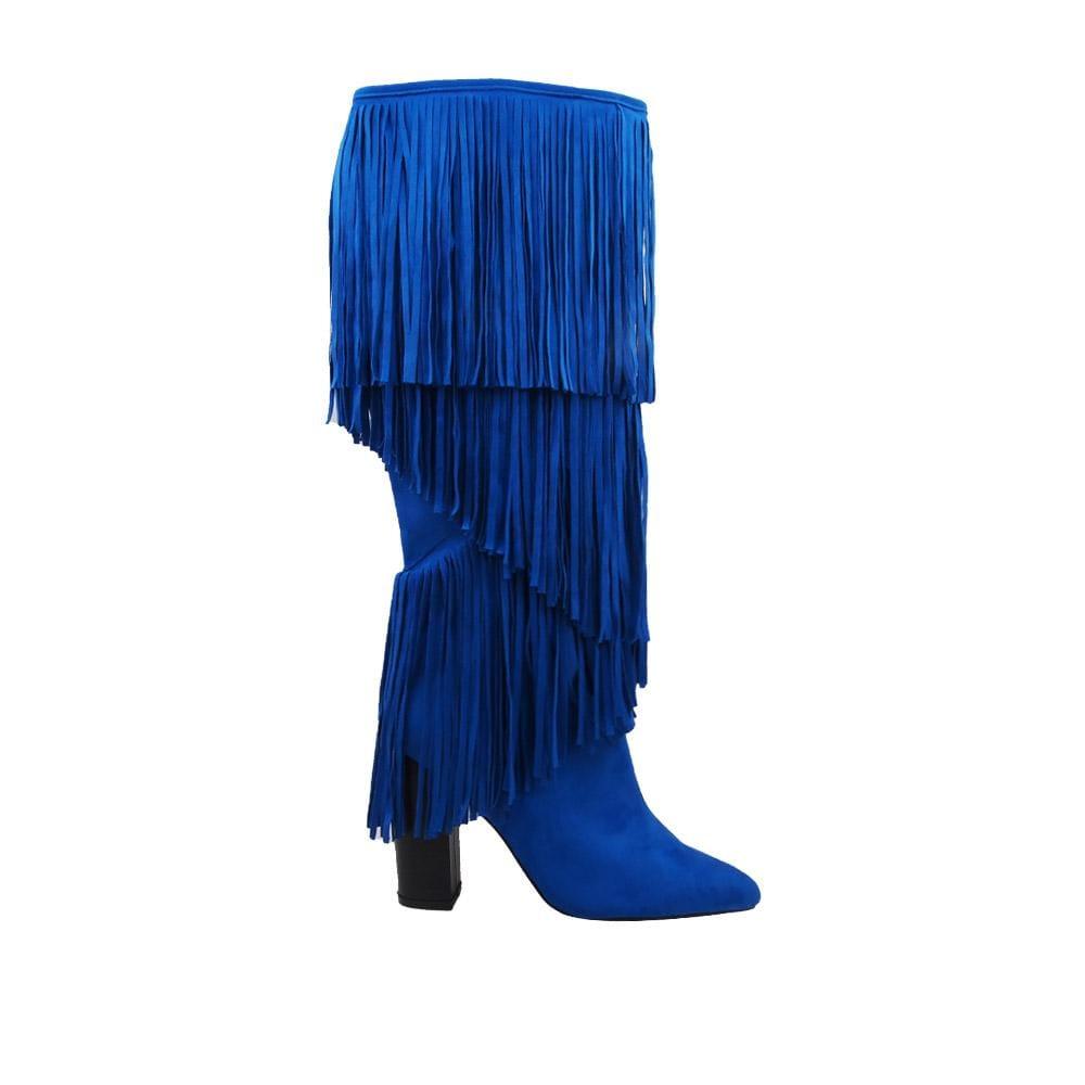 Blue thigh-high boots with hanging strings, block heels, and pointed toe.