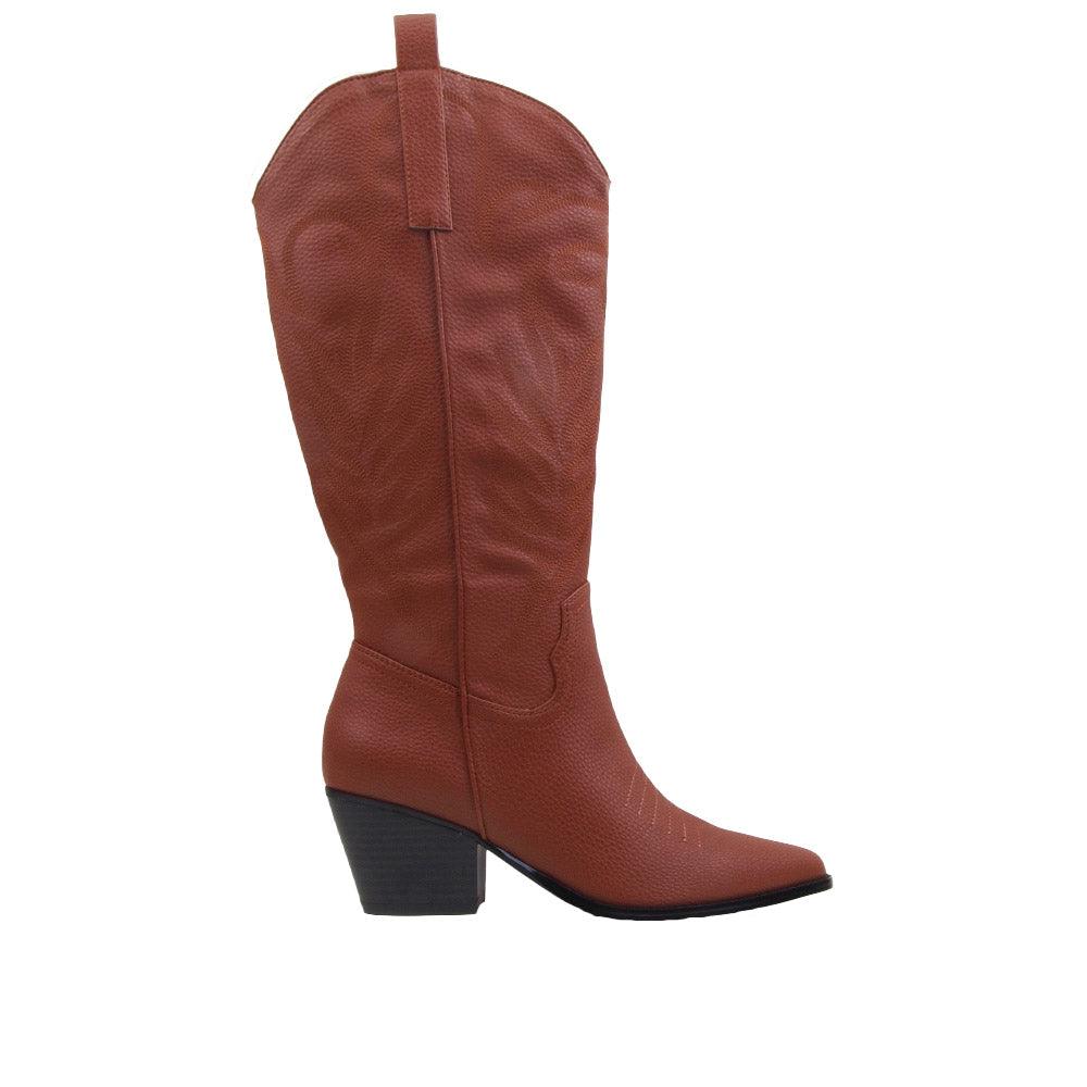 Cognac knee-high boots with pointed toe and side zip closure.