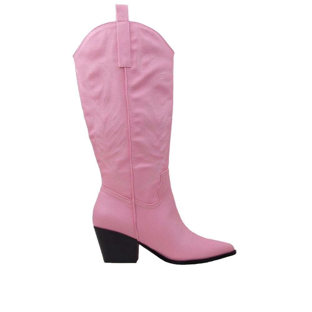 Pink knee-high boots with pointed toe and side zip closure.