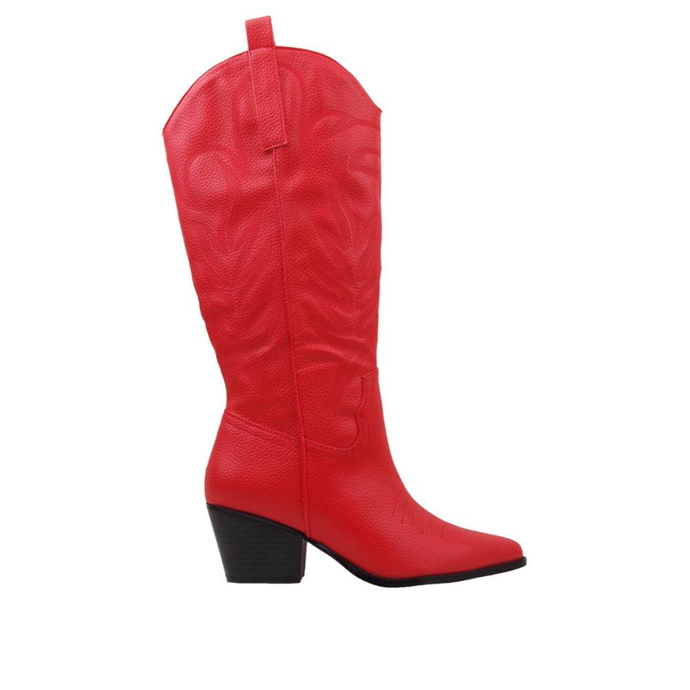 Red knee-high boots with pointed toe and side zip closure.