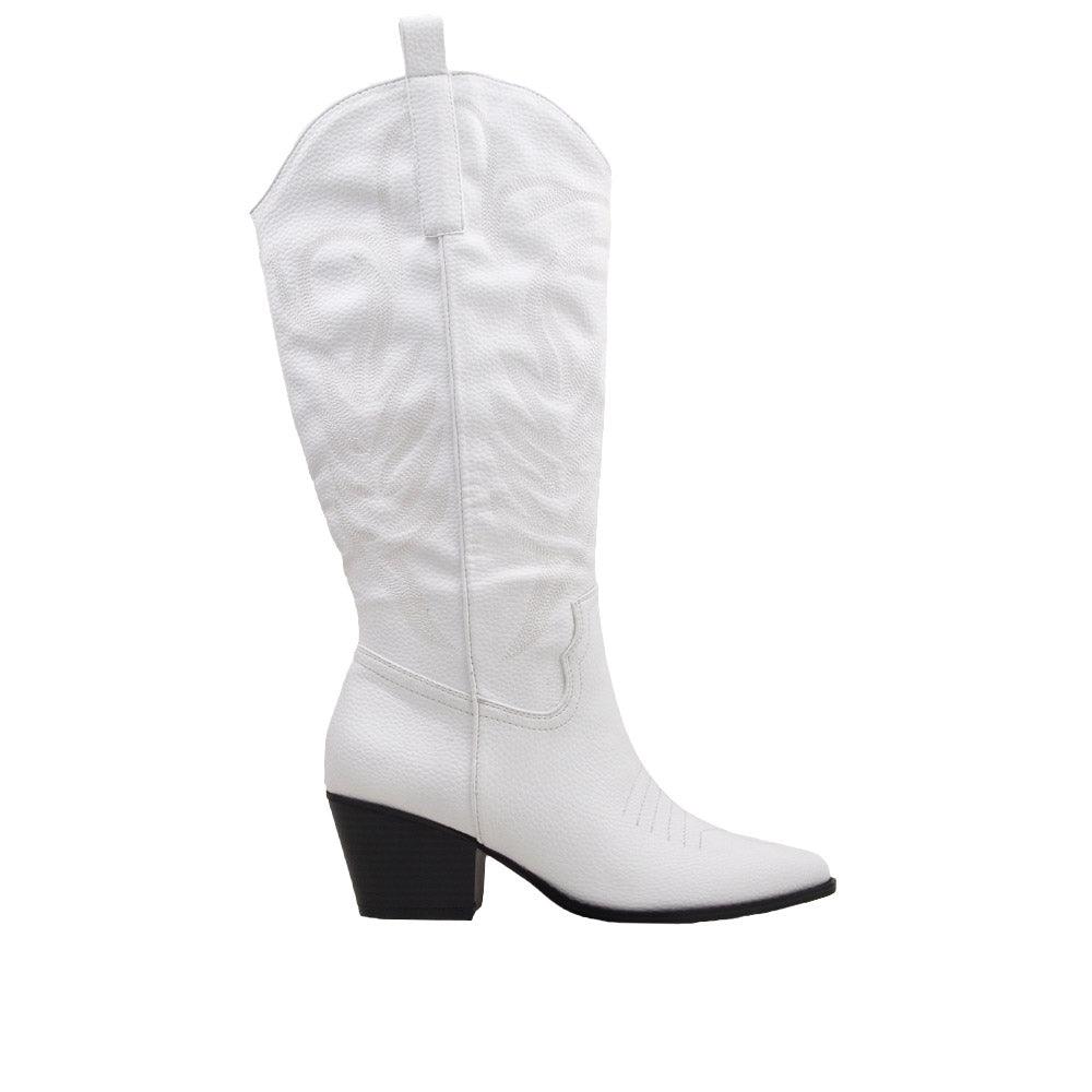 White knee-high boots with pointed toe and side zip closure.