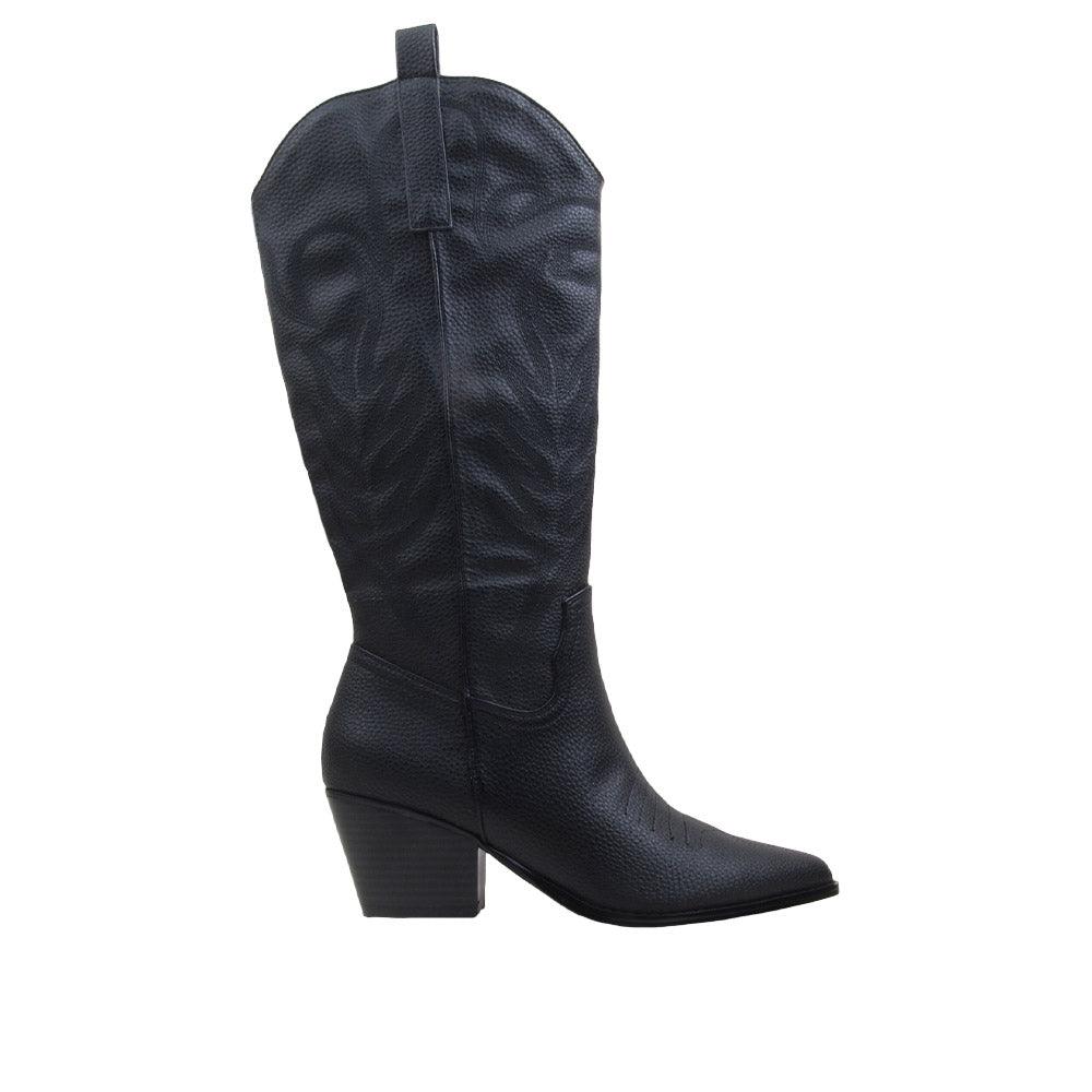Black knee-high boots with pointed toe and side zip closure.