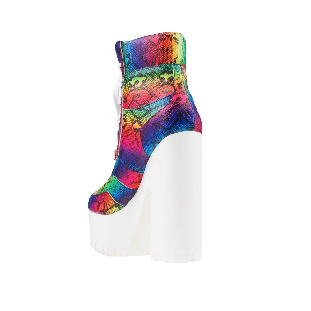 Rainbow platform women's block heel boots with white lace up-posterior view