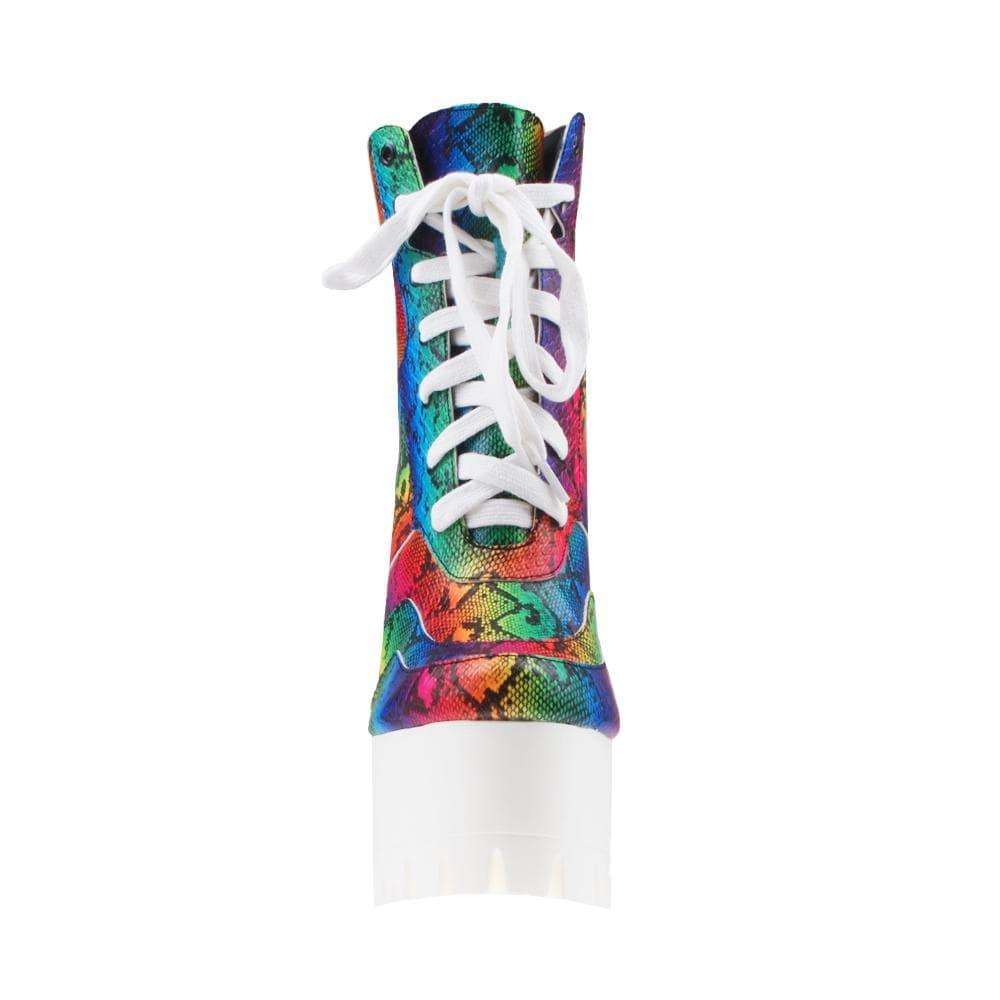 Rainbow platform women's block heel boots with white lace up-front view